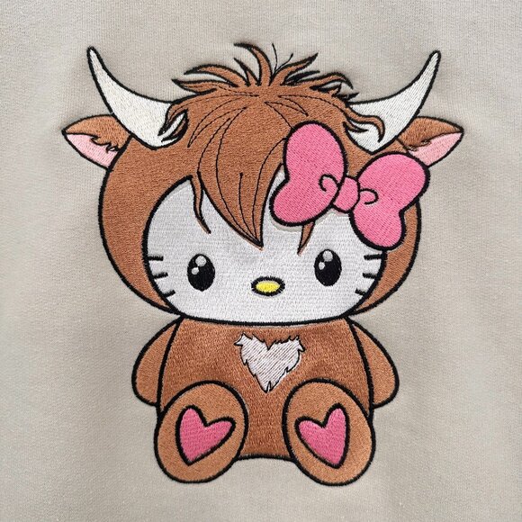 Hello Kitty Highland Cow HOODIE Embroidered Adult Unisex Hooded Sweatshirt - Picture 1 of 3